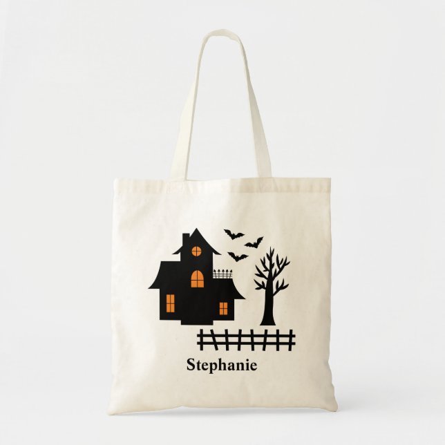 Halloween Black Haunted House Silhouette And Name Tote Bag (Front)