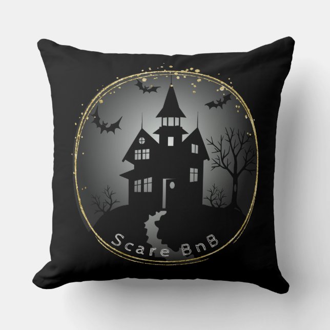 Halloween Black Haunted House Throw Pillow (Front)
