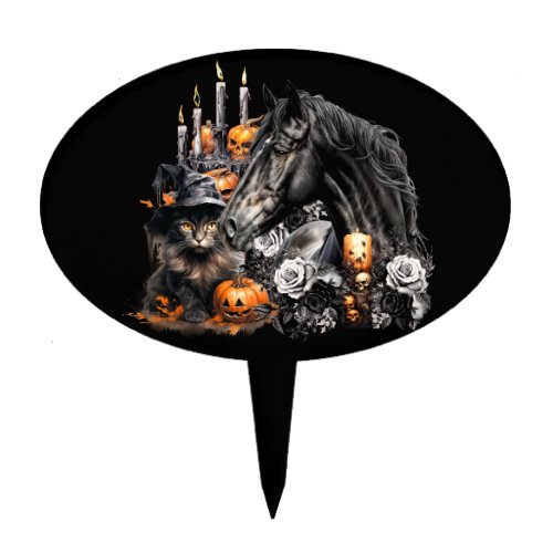 Halloween black Horse black Cat spooky Cake Topper