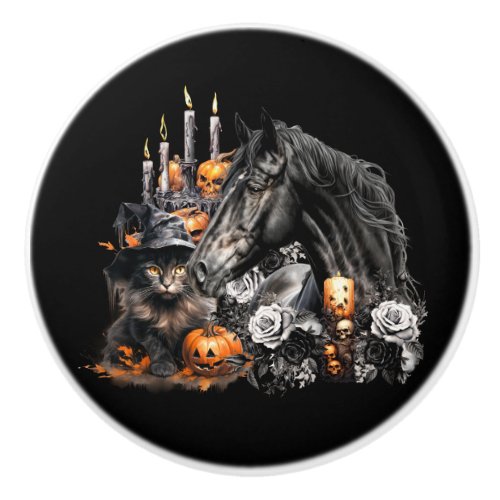 Halloween black Horse black Cat spooky Ceramic Knob