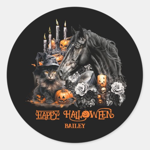Halloween black Horse black Cat spooky Classic Round Sticker