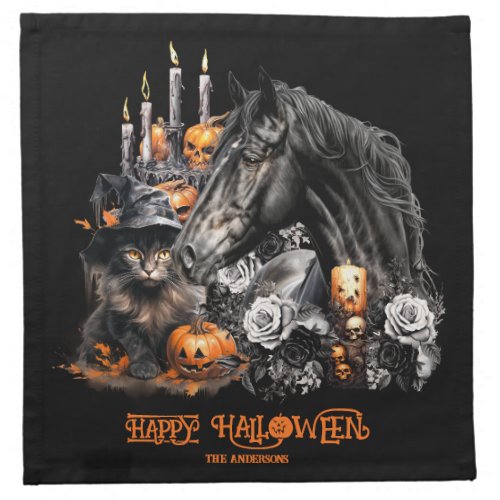 Halloween black Horse black Cat spooky Cloth Napkin
