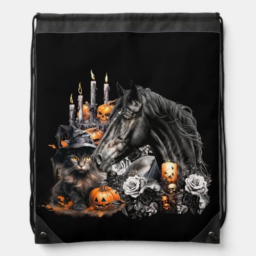 Halloween black Horse black Cat spooky Drawstring Bag