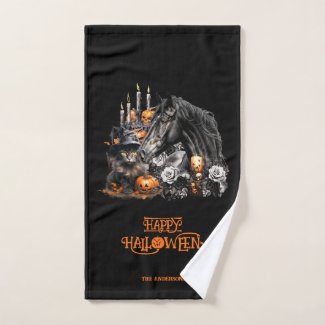 Halloween black Horse black Cat spooky hand towel