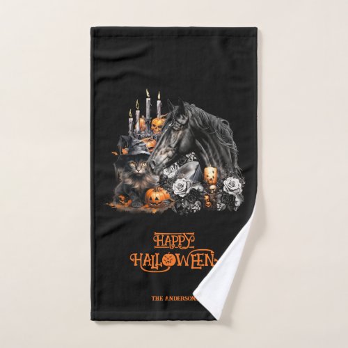 Halloween black Horse black Cat spooky Hand Towel