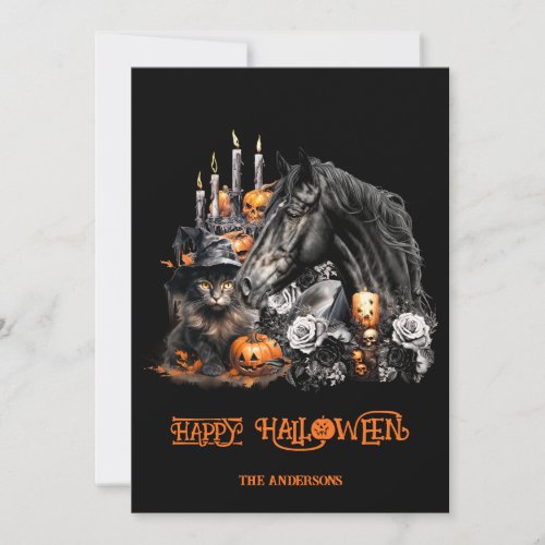 Halloween black Horse black Cat spooky Holiday Card