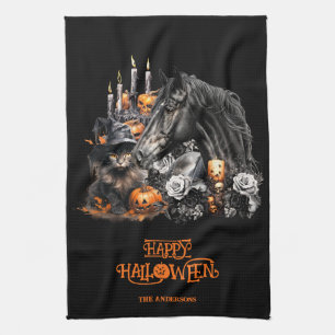 Halloween black Horse black Cat spooky Kitchen Towel