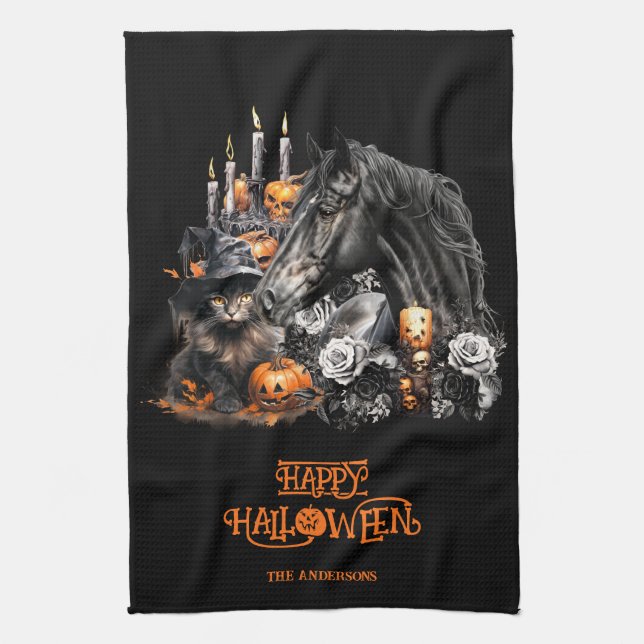 Halloween black Horse black Cat spooky Kitchen Towel (Vertical)