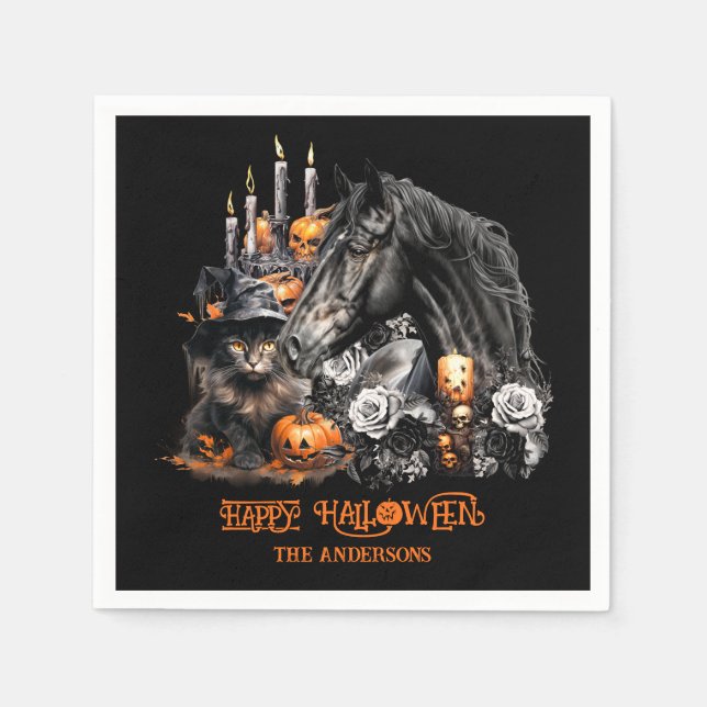 Halloween black Horse black Cat spooky Napkins (Front)