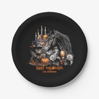 Personalized Halloween paper plates black Horse