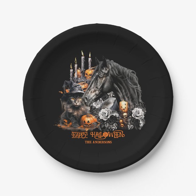 Halloween black Horse black Cat spooky Paper Plates (Front)