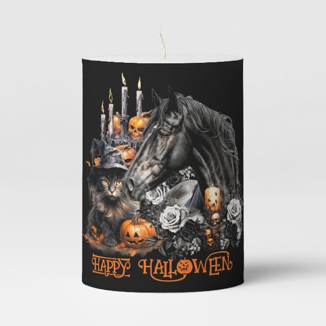 Halloween black Horse black Cat spooky Pillar Candle (Front)