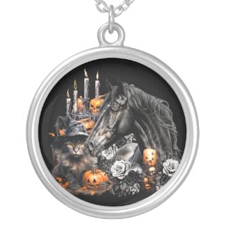 Halloween black Horse black Cat spooky neckéace