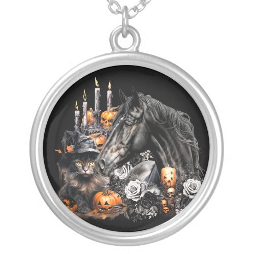 Halloween black Horse black Cat spooky Silver Plated Necklace