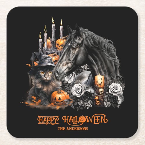Halloween black Horse black Cat spooky Square Paper Coaster