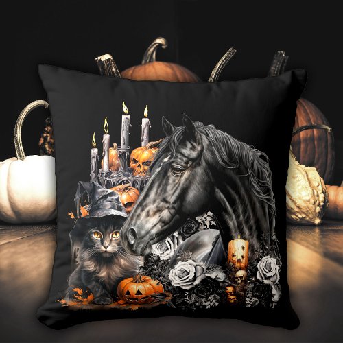 Halloween black Horse black Cat spooky Throw Pillow