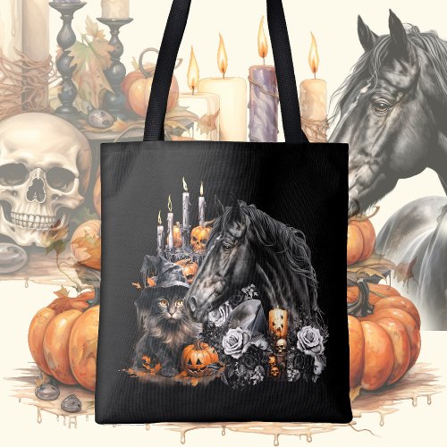 Halloween black Horse black Cat spooky Tote Bag
