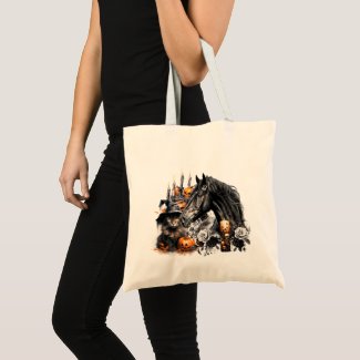 Halloween black Horse black Cat spooky gothic tote bag