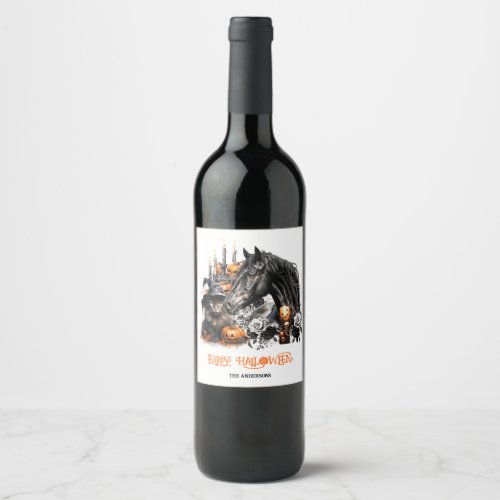Halloween black Horse black Cat spooky Wine Label