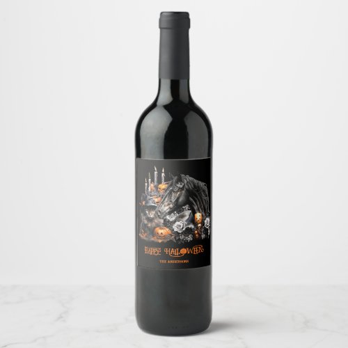 Halloween black Horse black Cat spooky Wine Label