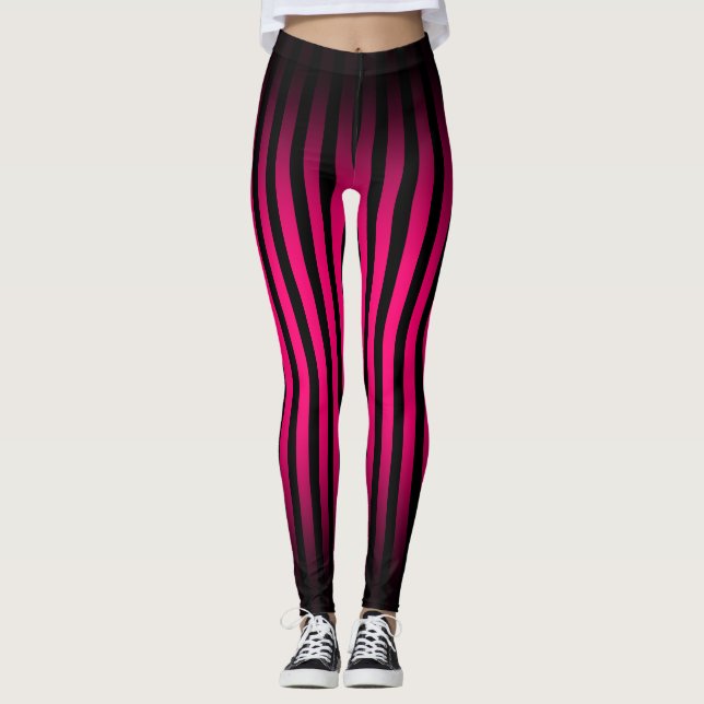 Halloween Black hot pink vertical stripes ombre Leggings (Front)