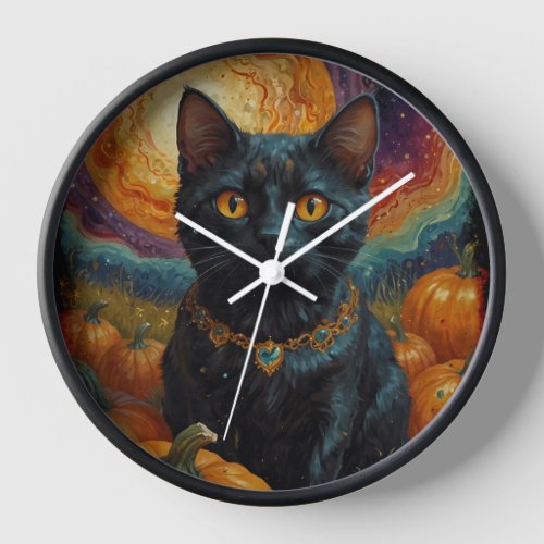 Halloween Black Kitten and Pumpkin  Clock