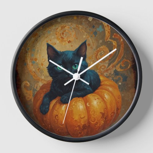 Halloween Black Kitten and Pumpkin  Clock