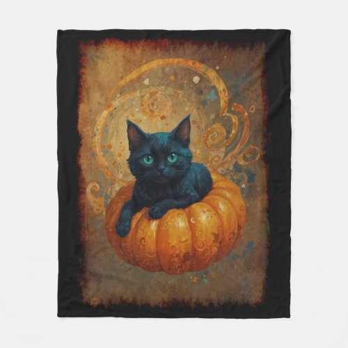 Halloween Black Kitten and Pumpkin  Fleece Blanket