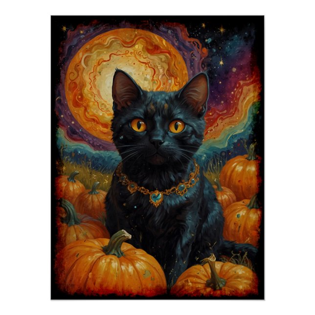 Halloween Black Kitten and Pumpkin  Poster (Front)