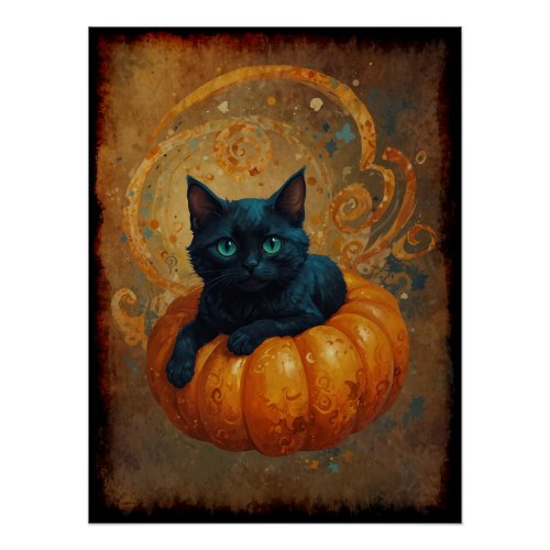 Halloween Black Kitten and Pumpkin  Poster