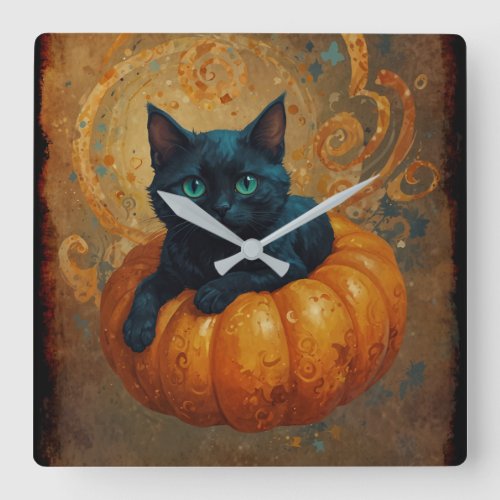 Halloween Black Kitten and Pumpkin  Square Wall Clock