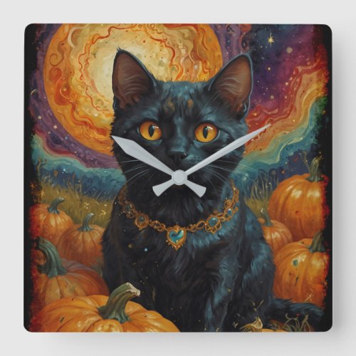 Halloween Black Kitten and Pumpkin  Square Wall Clock