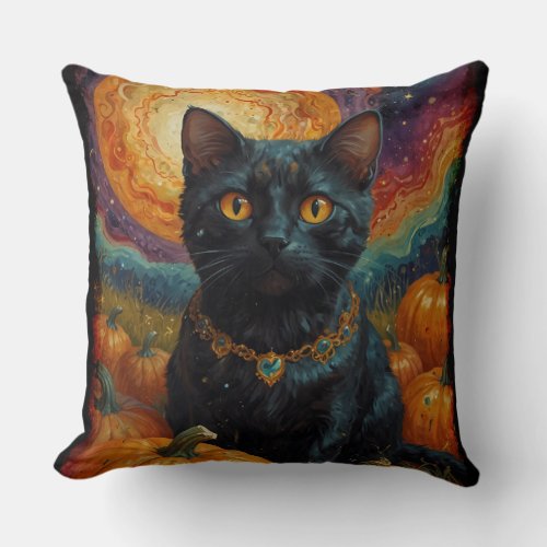 Halloween Black Kitten and Pumpkin  Throw Pillow