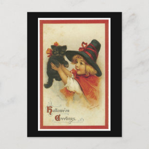 Halloween Black Kitten and Witch Girl Postcard
