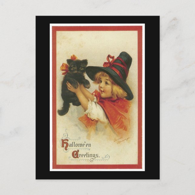 Halloween Black Kitten and Witch Girl Postcard (Front)