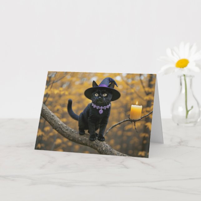 Halloween Black Kitten Cat with Witch Hat in Tree Card (Small Plant)
