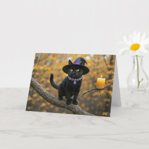 Halloween Black Kitten Cat with Witch Hat in Tree Card