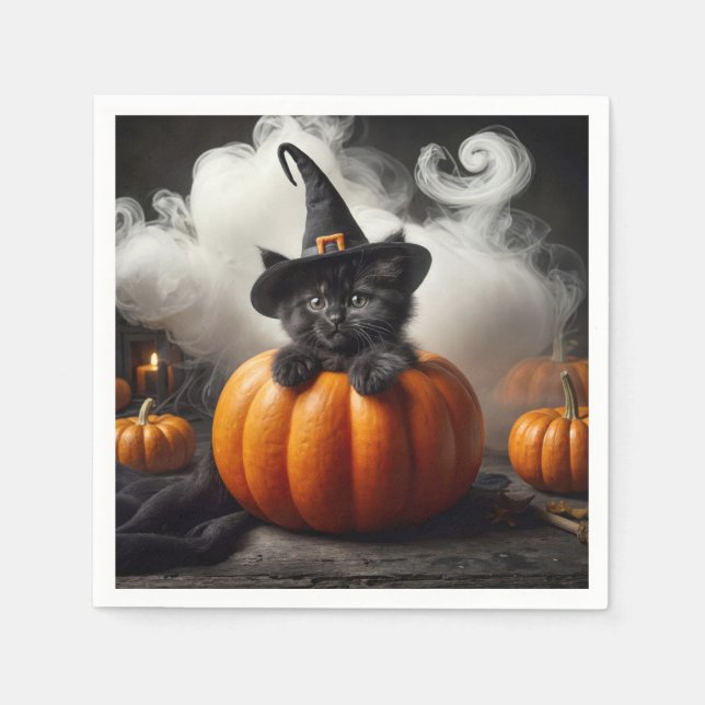 Halloween Black Kitten In Pumpkin Napkins (Front)