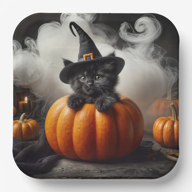 Halloween Black Kitten In Pumpkin Paper Plates (Front)