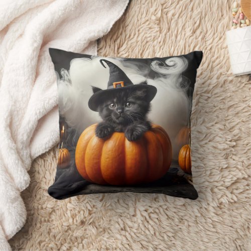 Halloween Black Kitten In Pumpkin Throw Pillow