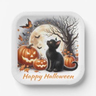 Halloween Black Kitten Kids Party Paper Plate