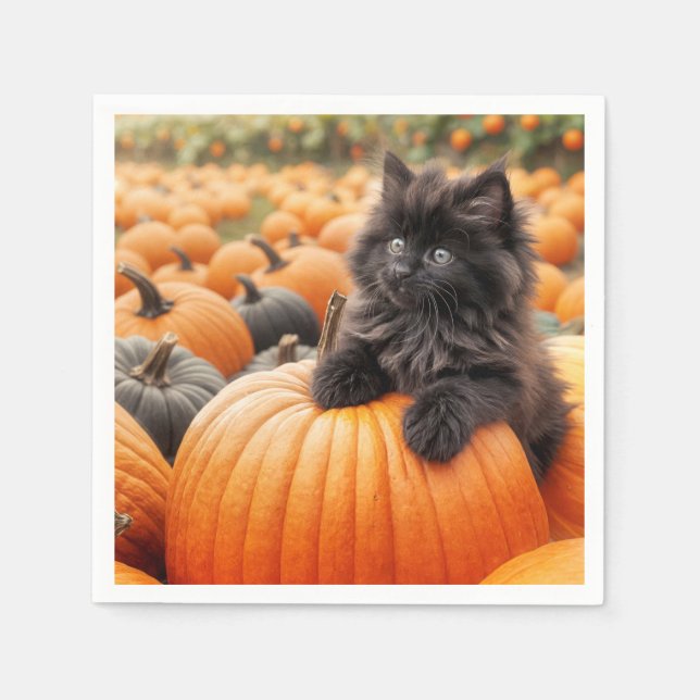 Halloween Black Kitten On a Pumpkin Napkins (Front)