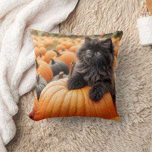 Halloween Black Kitten On a Pumpkin Throw Pillow