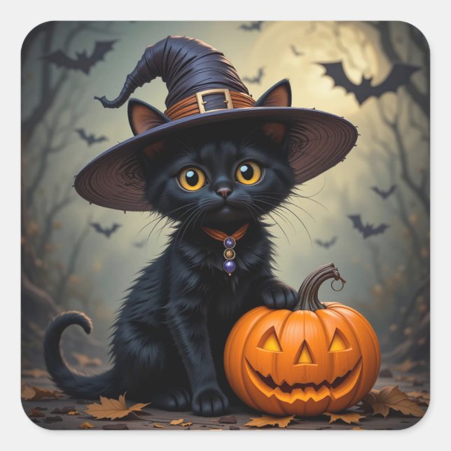 Halloween Black Kitten Pumpkin Witch Hat Cute Deco Square Sticker (Front)