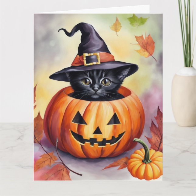 Halloween Black Kitten Witch Hat Pumpkin Card (Front)