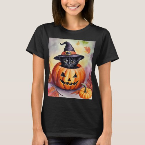 Halloween Black Kitten Witch Hat Pumpkin Card T_Shirt