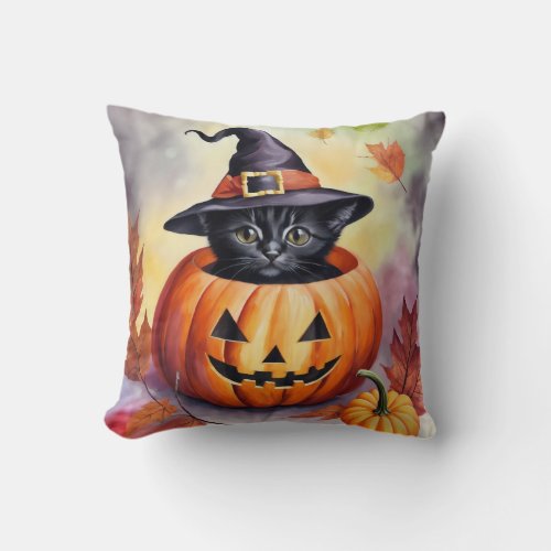Halloween Black Kitten Witch Hat Pumpkin Card Throw Pillow