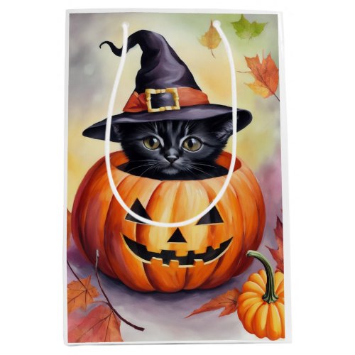 Halloween Black Kitten Witch Hat Pumpkin Gift Bag