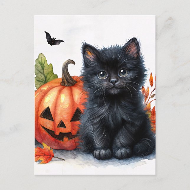 Halloween Black Kitten with Jack-o-lantern Postcard (Front)