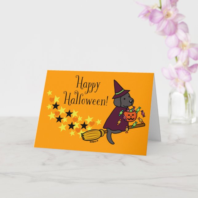 Halloween Black Labrador and Broom Card (Orchid)